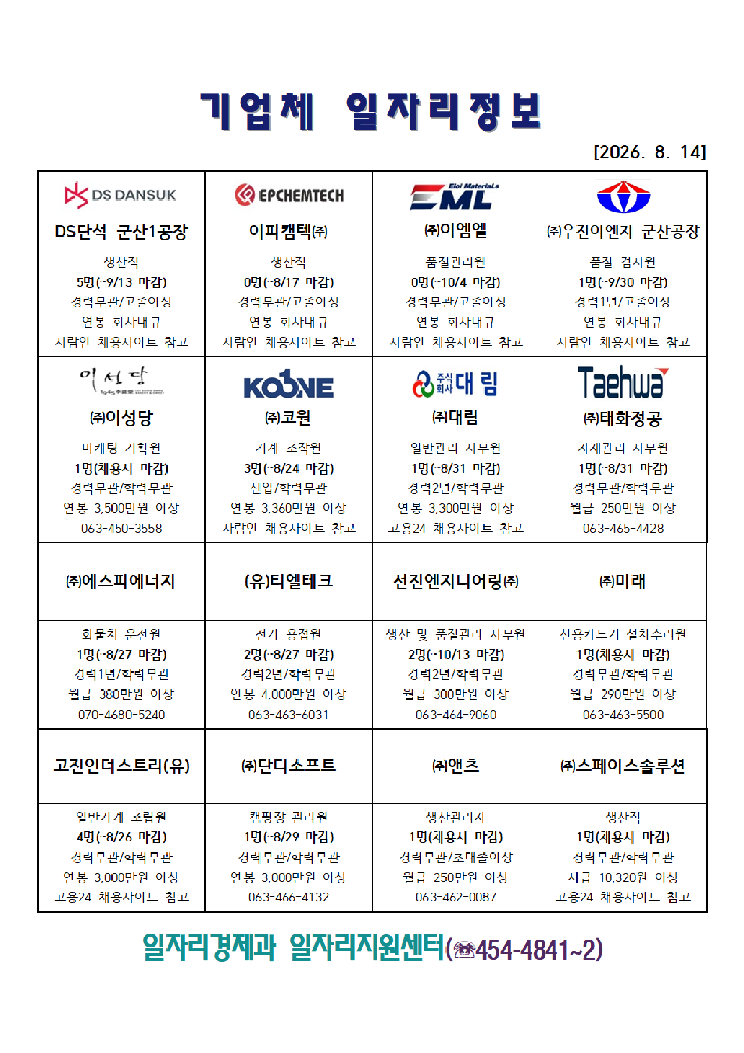 [군산시] 기업체 일자리정보(2026. 8. 14.)