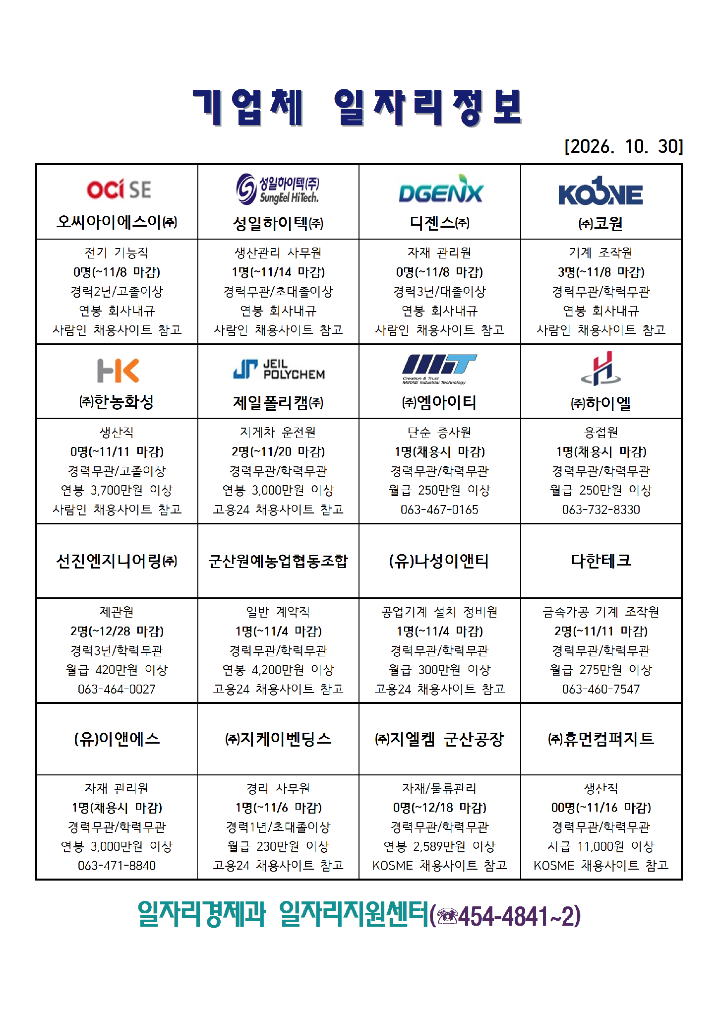 [군산시] 기업체 일자리정보(2026. 10. 30.)